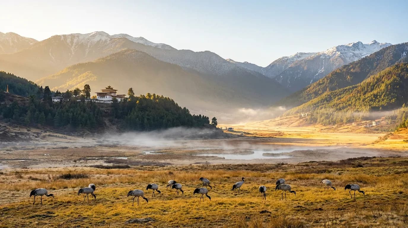 Gangtey monastery overlooking the crane valley, Bhutan