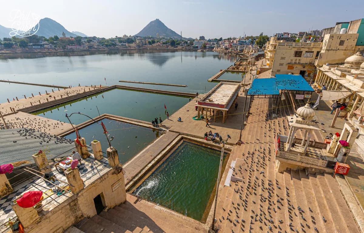 Pushkar Lake and its ghats at dusk