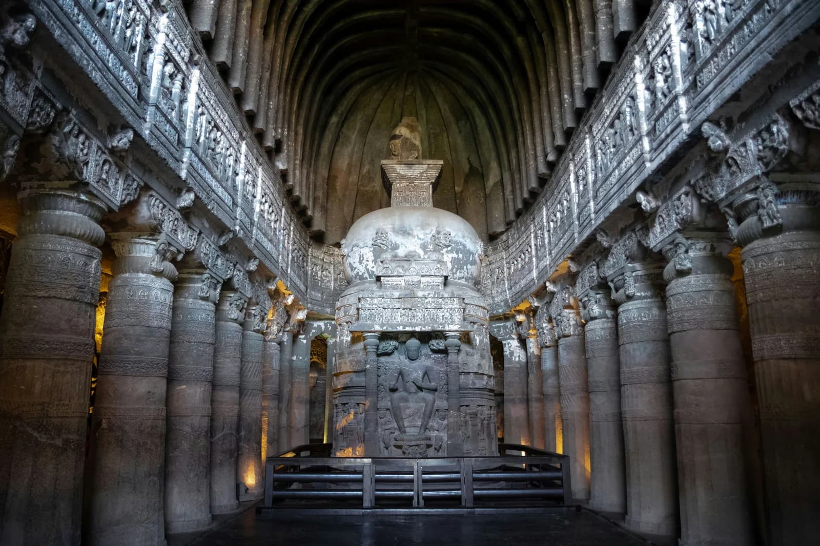 The interior of a rock-cut cave temple at Ajanta, Maharashtra