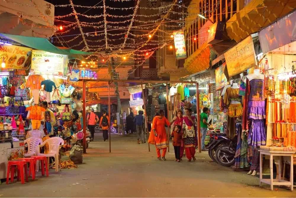 Pushkar's market street, lit up in the evening