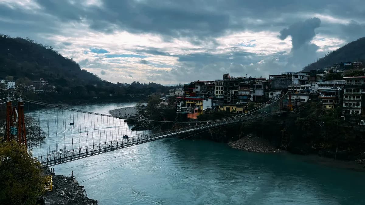 The Lakshman Jhula suspension bridge over the Ganges, Rishikesh